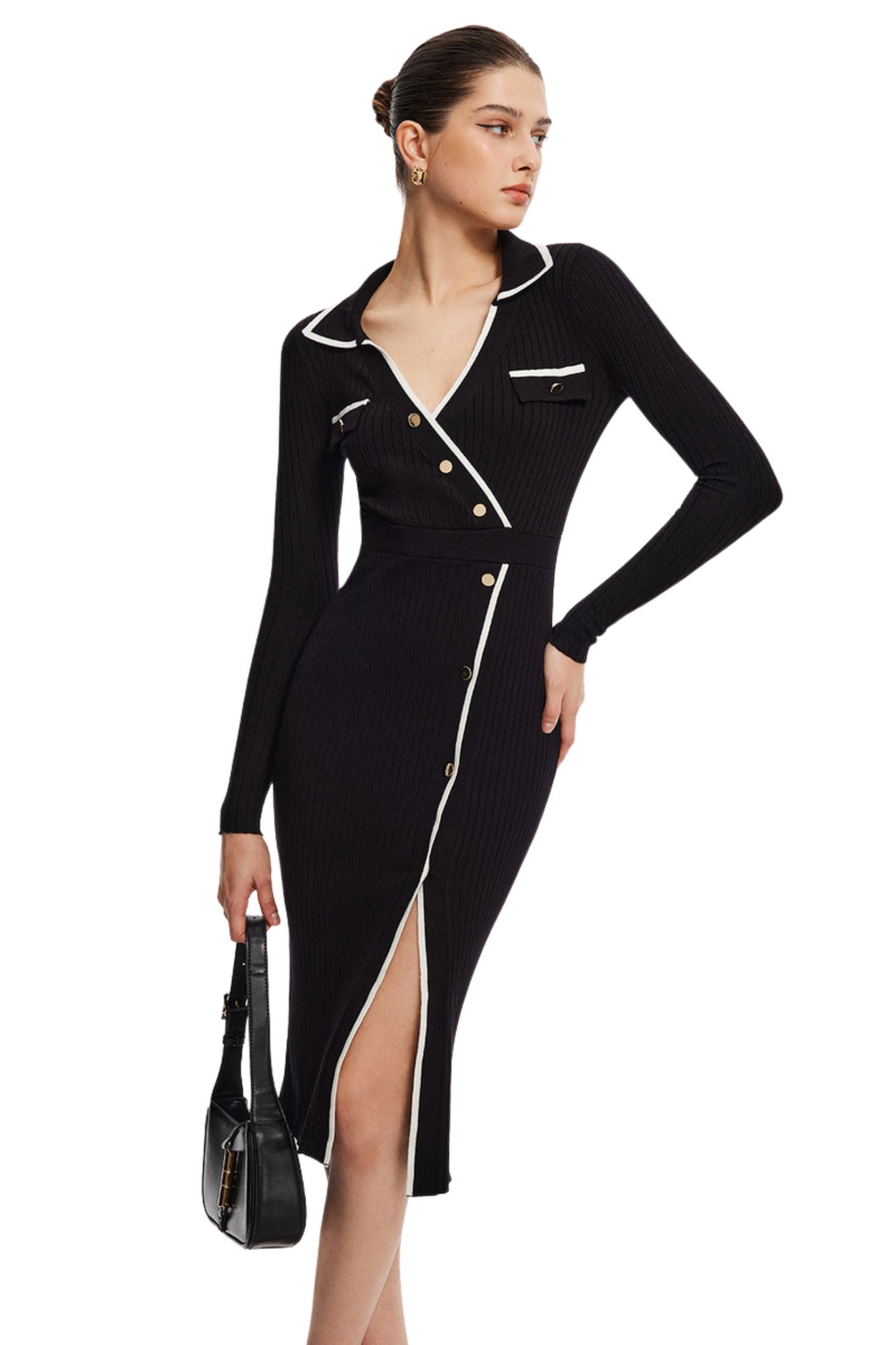 Long Sleeve Ribbed Midi Gold Button Knit Dress The FEO Collection Long Sleeve Ribbed Midi Gold Button Knit Dress The FEO Collection