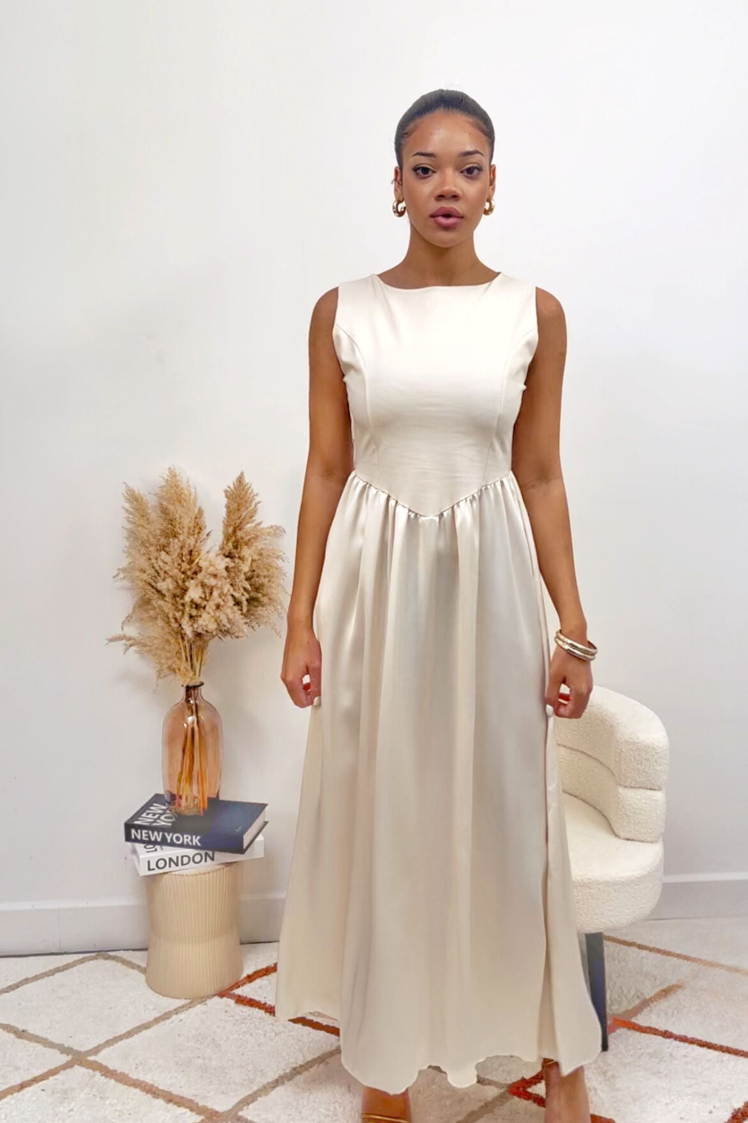 Cream Satin Pleated Drop Waist Summer Midi Dress The FEO Collection Cream Satin Pleated Drop Waist Summer Midi Dress The FEO Collection