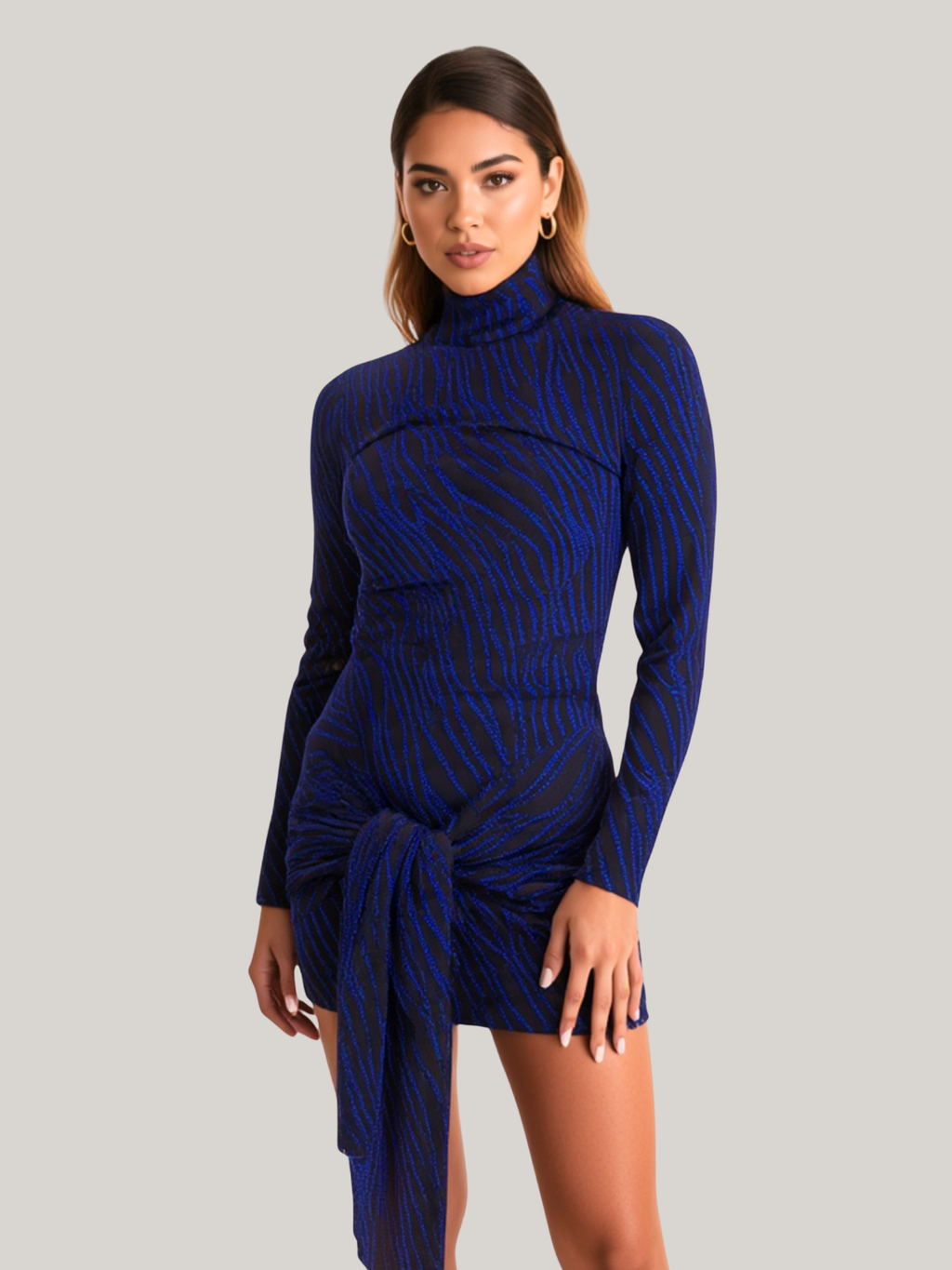 Women’s Blue Glitter High Neck Long Sleeve Party Dress