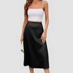 Black Satin High Rise Midi Skirt