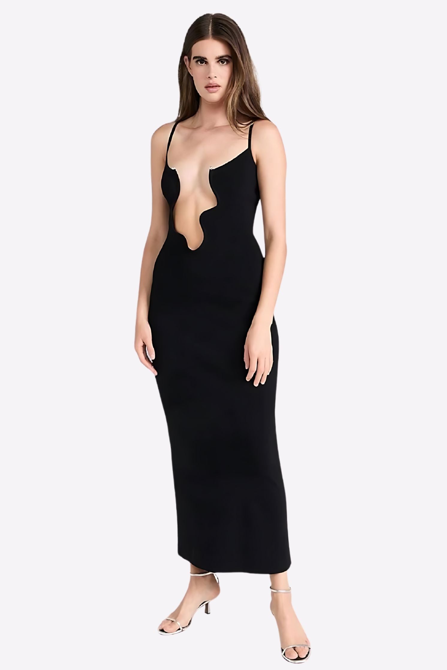 Black Strappy Deep Plunge V Neckline Bodycon Maxi Dress The FEO Collection Black Strappy Deep Plunge V Neckline Bodycon Maxi Dress The FEO Collection