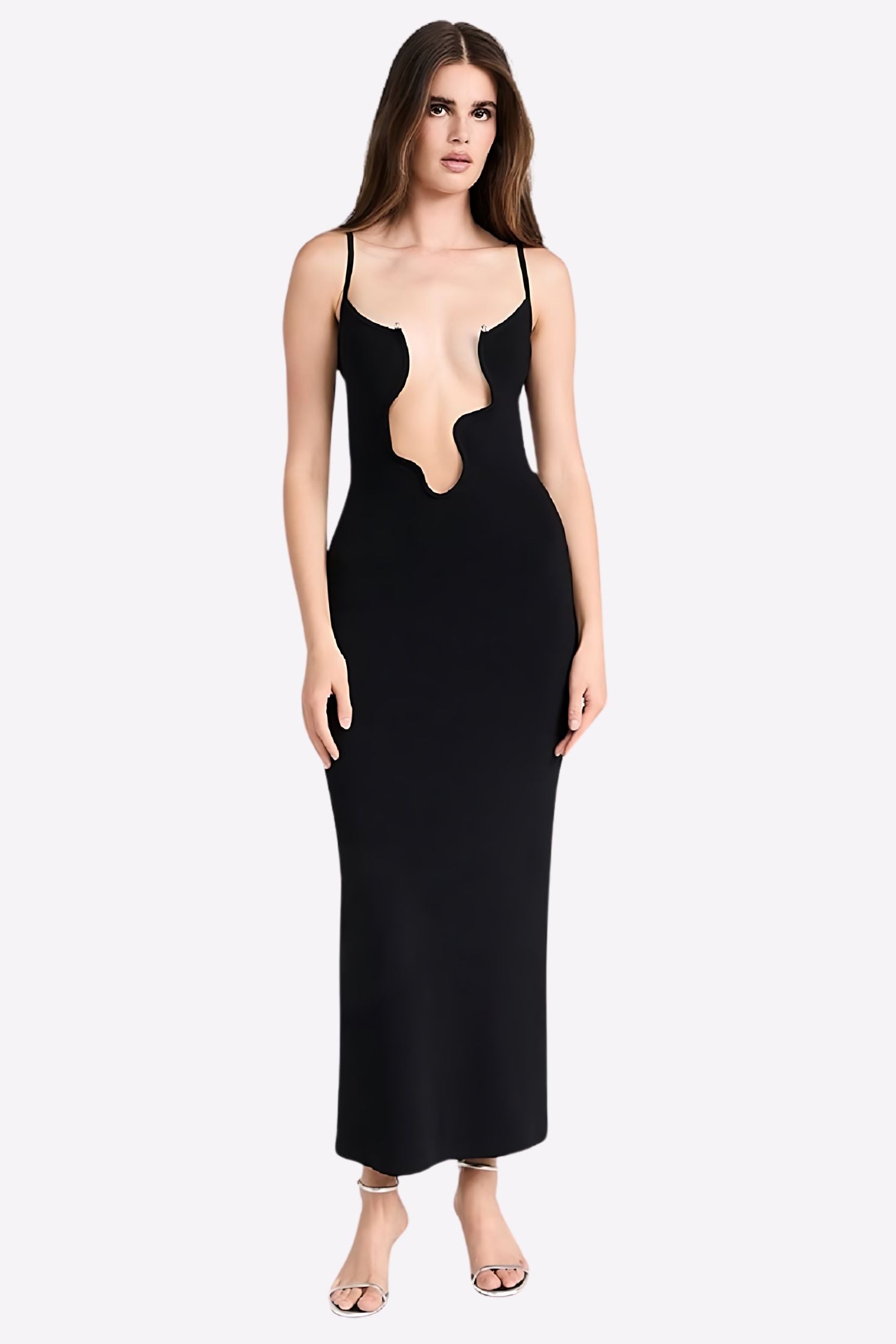 Black Strappy Deep Plunge V Neckline Bodycon Maxi Dress