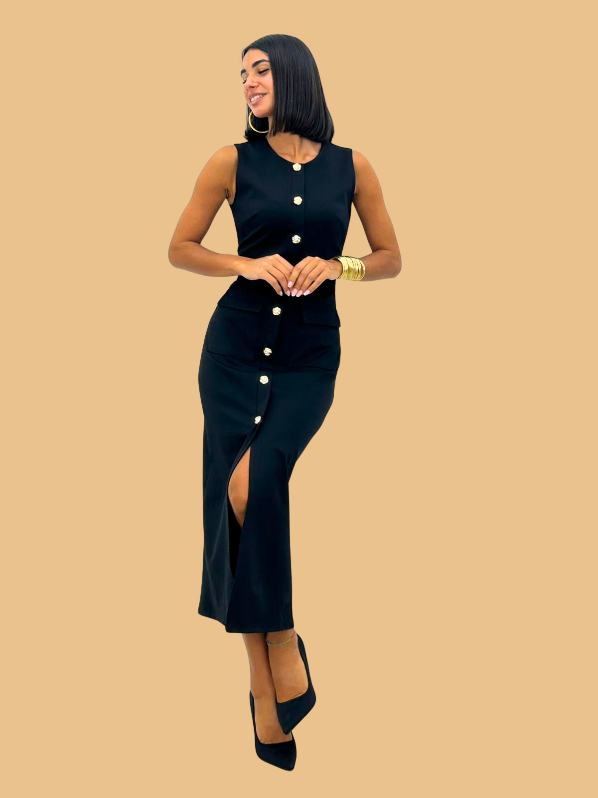 Black Bodycon Belted Midi Pencil Dress With Gold Buttons – The FEO