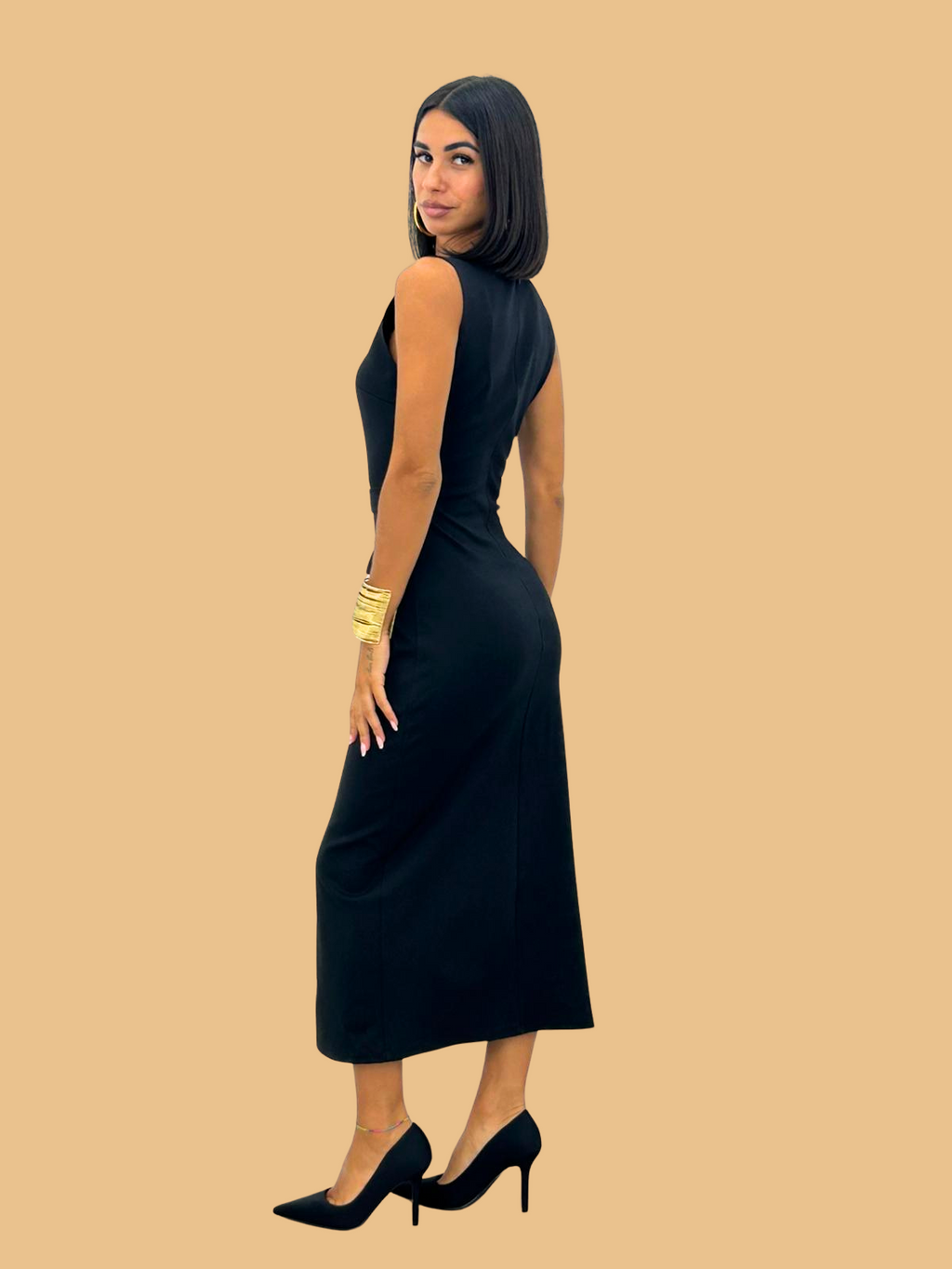 Black Bodycon Belted Midi Pencil Dress With Gold Buttons