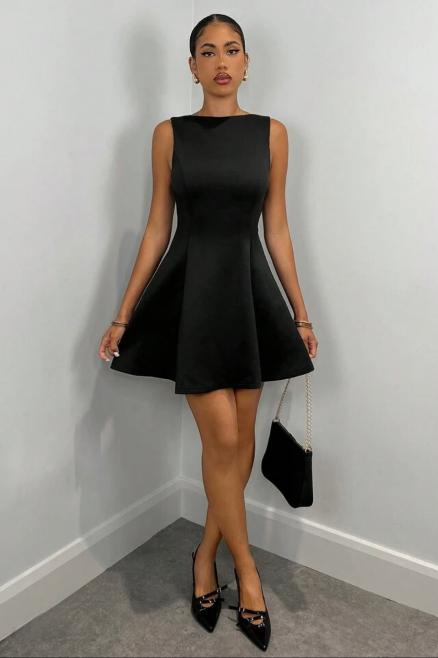 Black Sleeveless Pleated Mini Skater Dress