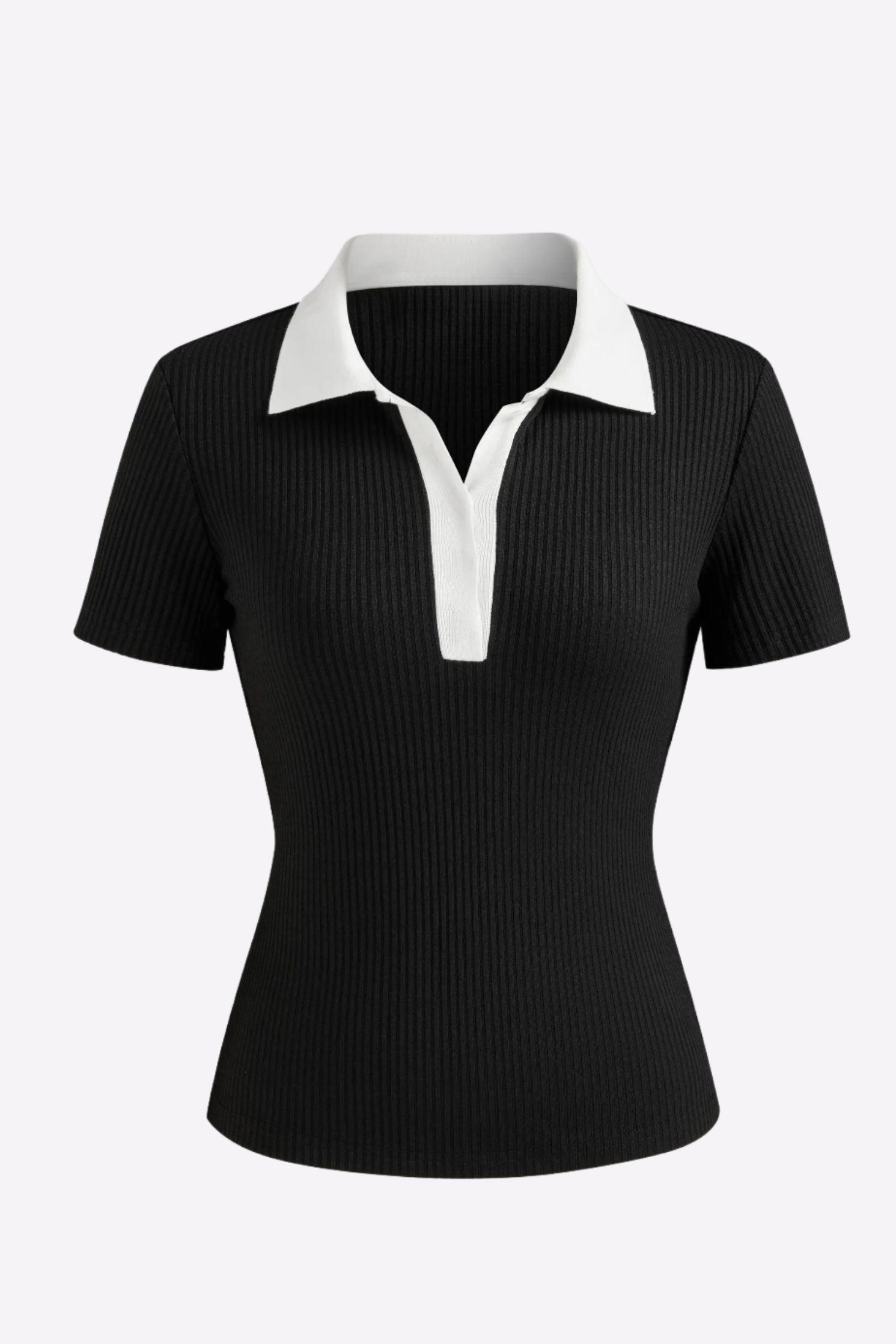 Women's Black & White Ribbed Short Sleeve Top with Contrasting Collar