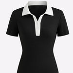 Women's Black & White Ribbed Short Sleeve Top with Contrasting Collar