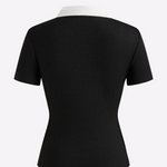 Women's Black & White Ribbed Short Sleeve Top with Contrasting Collar