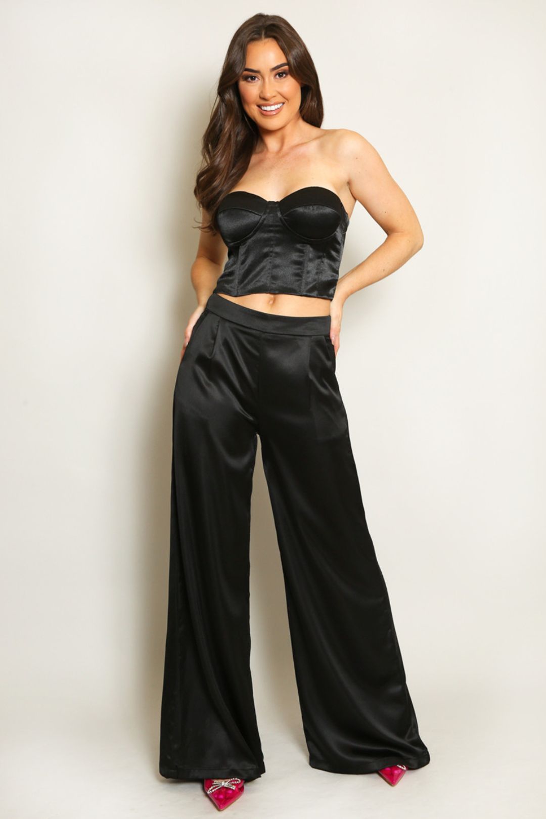 Black Wide Leg Satin High Waisted Trousers