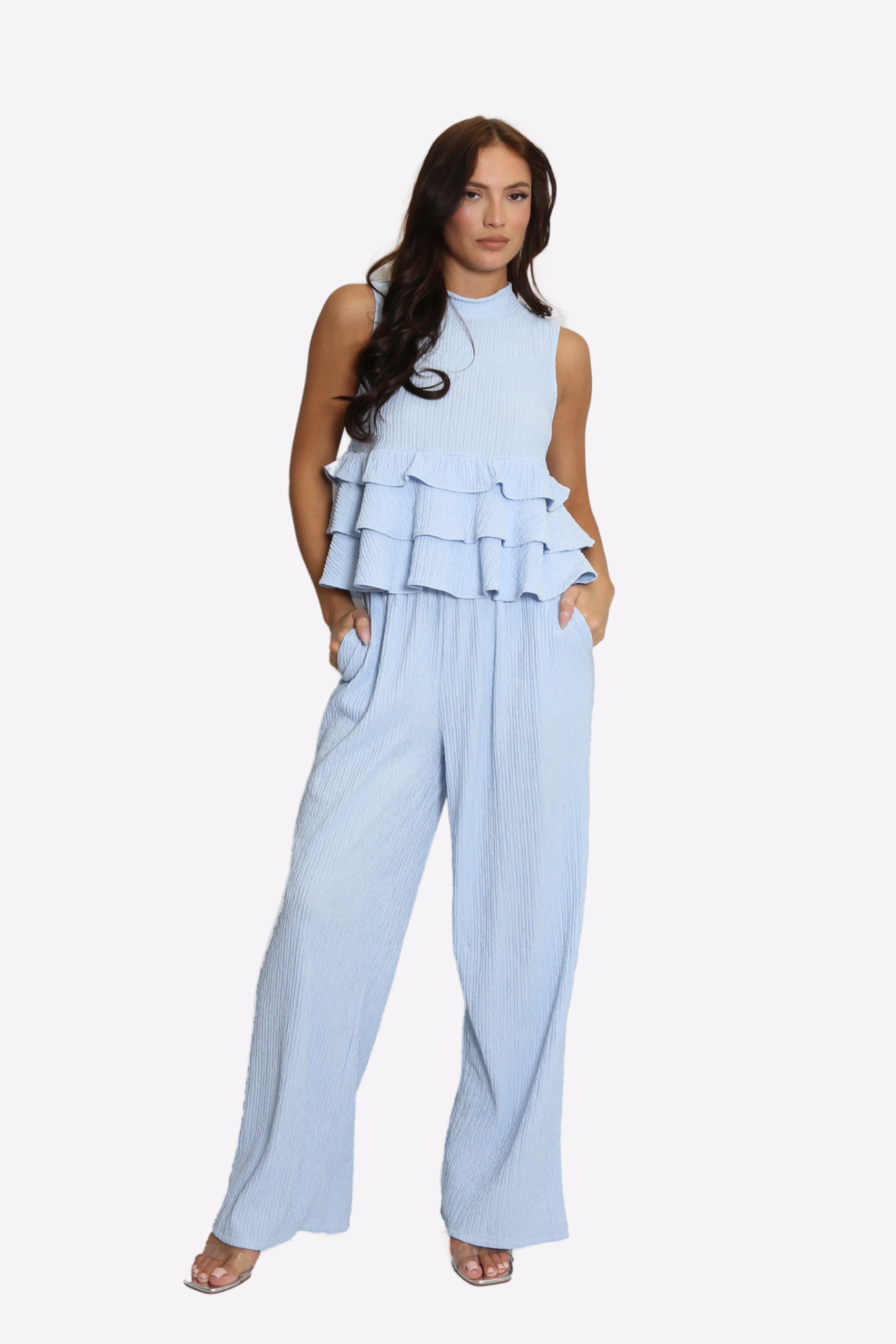 High Neck Frill Blouse & Flared Pants Co-ord Set