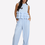 High Neck Frill Blouse & Flared Pants Co-ord Set