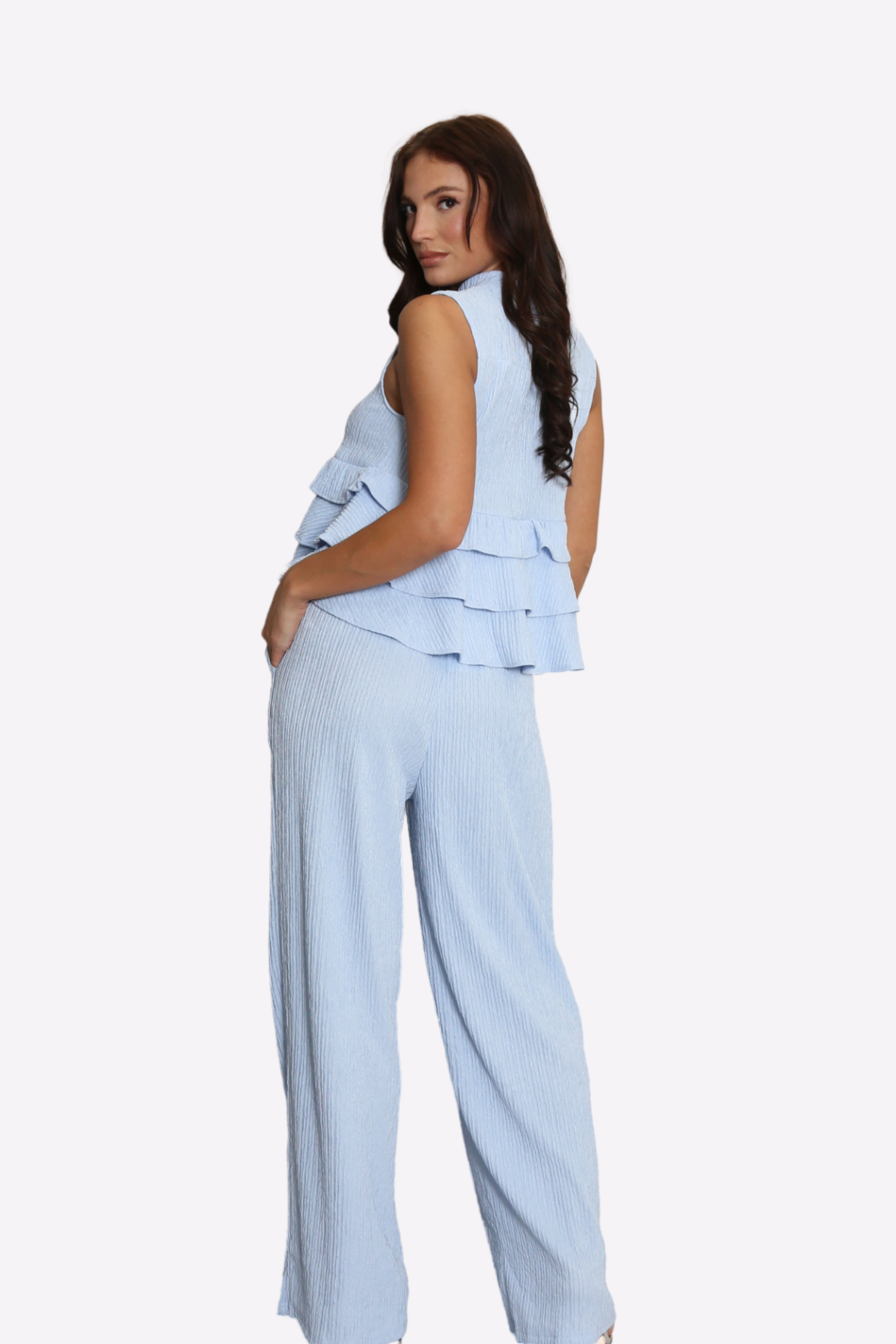 High Neck Frill Blouse & Flared Pants Co-ord Set