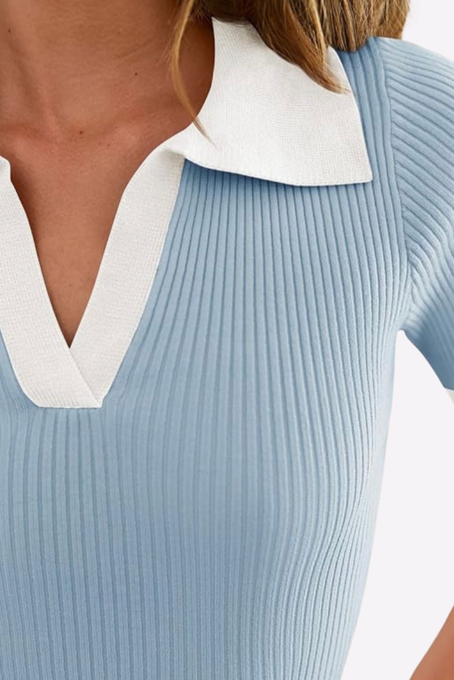 Women's Black & White Ribbed Short Sleeve Top with Contrasting Collar