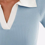 Women's Black & White Ribbed Short Sleeve Top with Contrasting Collar