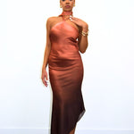 Brown Satin Ombre Asymmetrical Tie Neck Slip Dress