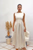 Cream Satin Pleated Drop Waist Summer Dress