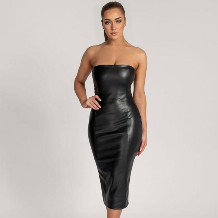 Faux Leather Side Ruched Bandeau Midi Dress The FEO Collection