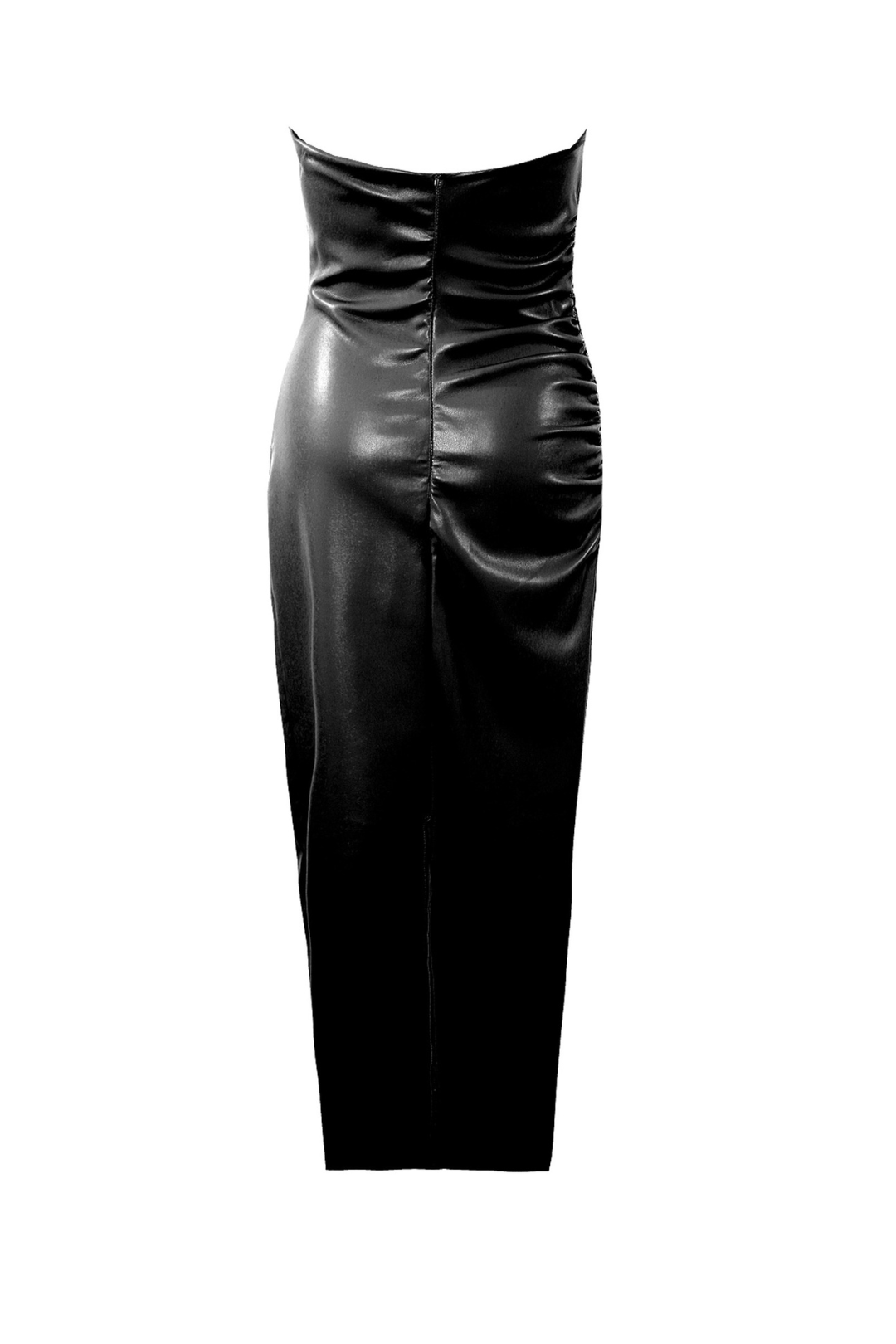 Faux Leather Side Ruched Bandeau Midi Dress