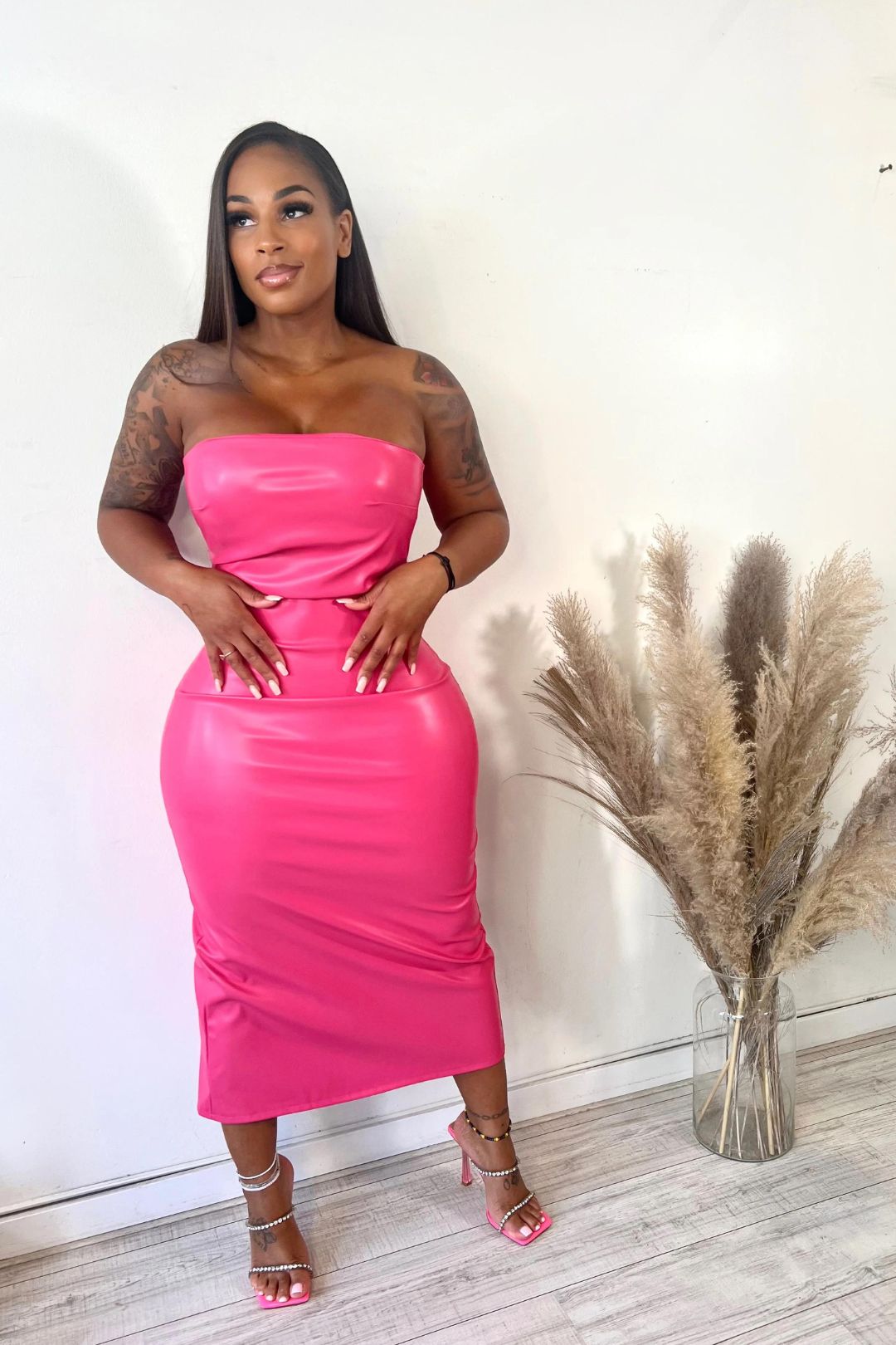 Faux Leather Side Ruched Bandeau Midi Dress The FEO Collection Faux Leather Side Ruched Bandeau Midi Dress The FEO Collection