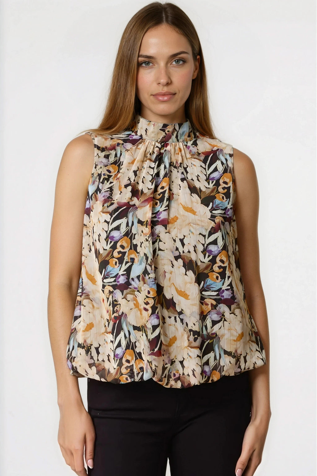 Floral Print Sleeveless High Neck Puff Hem Blouse