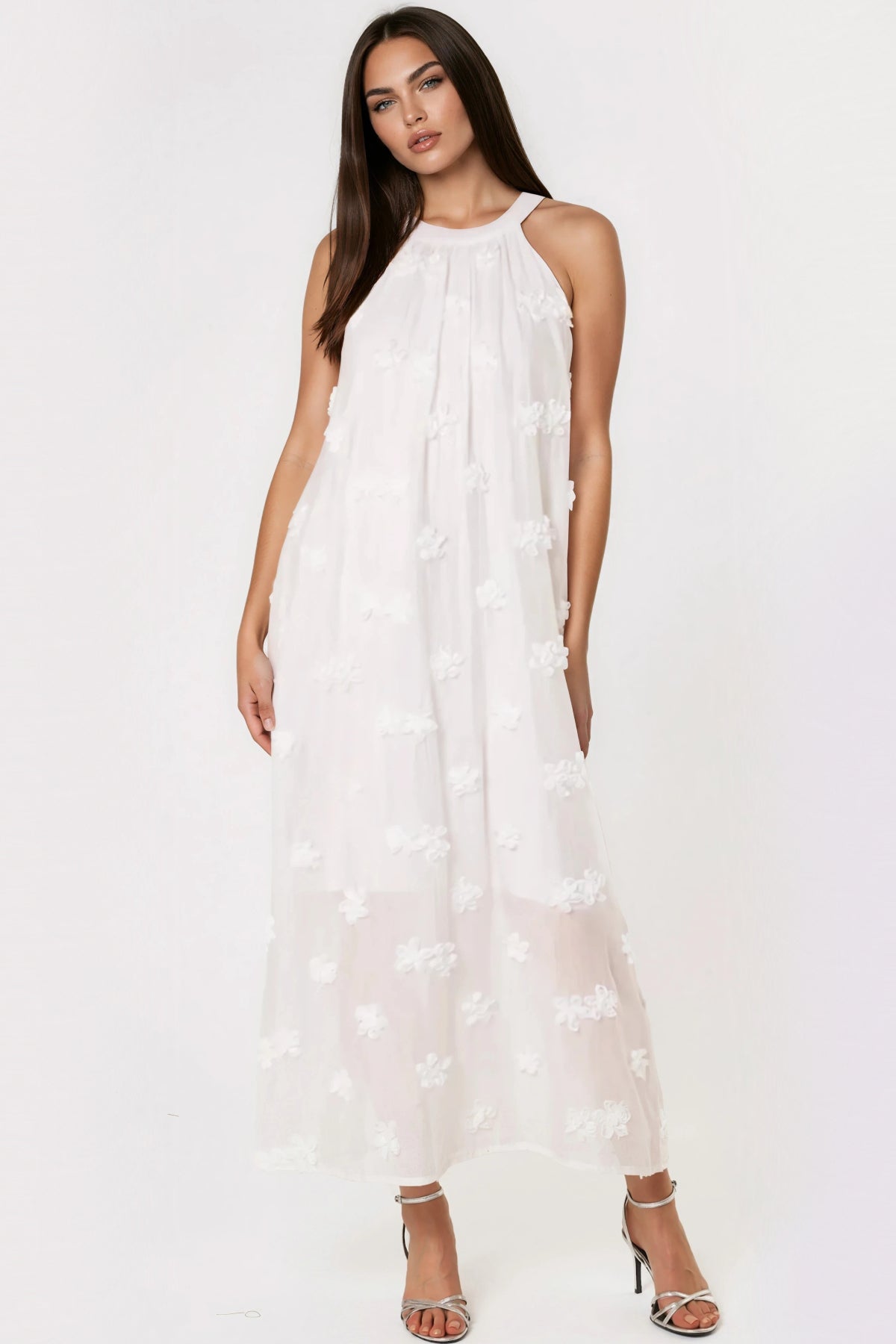 White 3D Flower Cotton Halterneck Maxi Dress