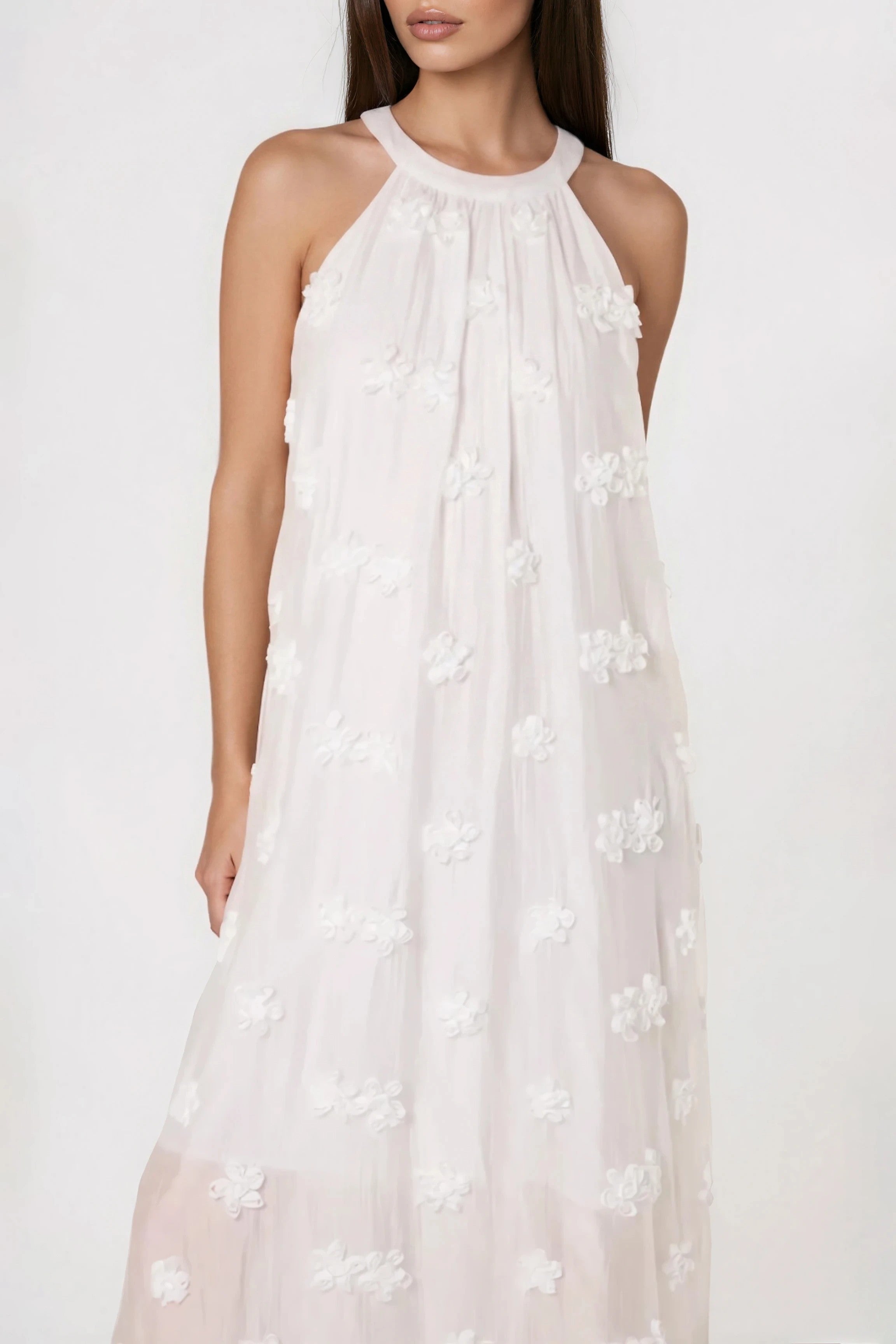 White 3D Flower Cotton Halterneck Maxi Dress