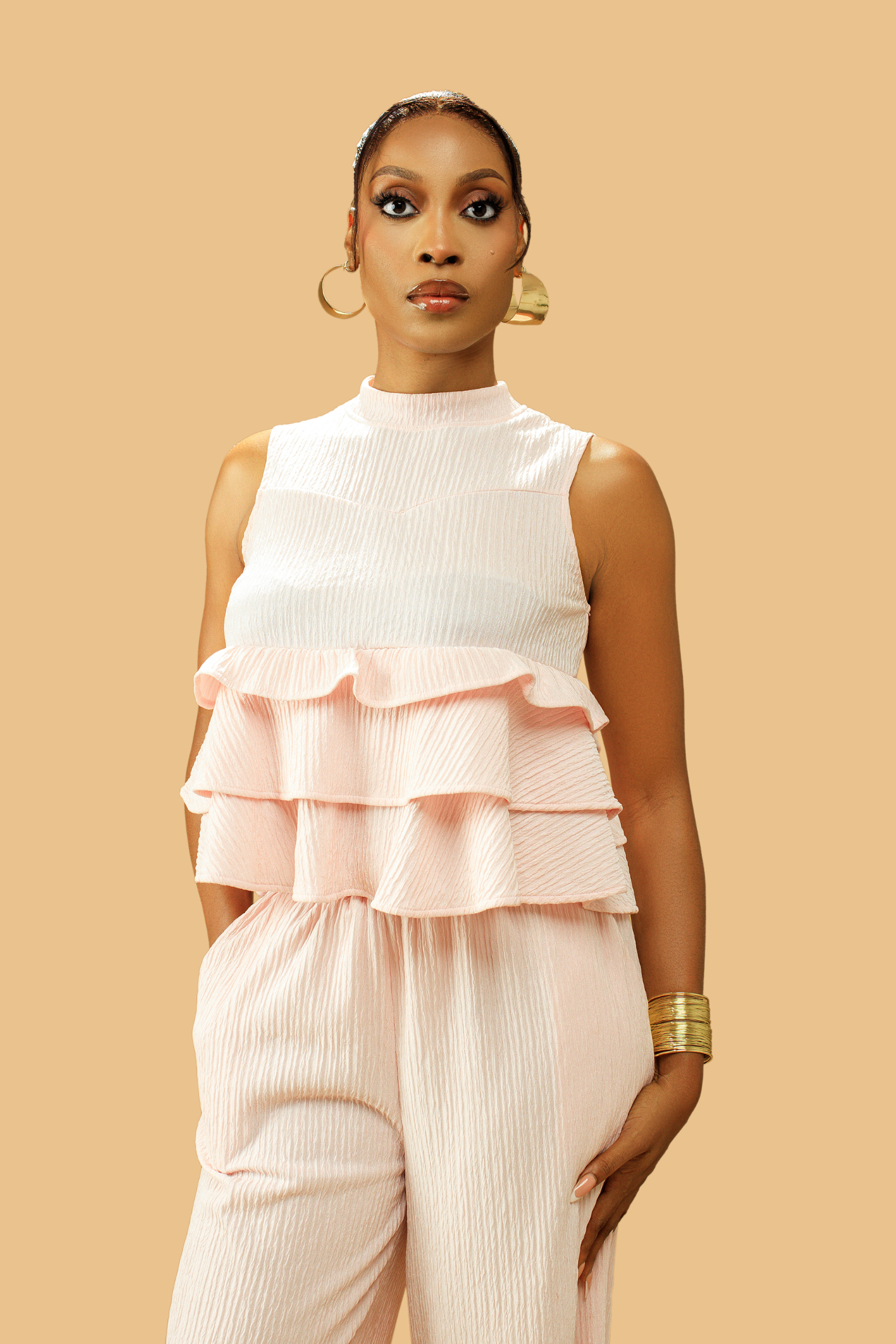 High Neck Frill Blouse & Flared Pants Co-ord Set