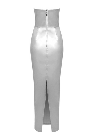 Metallic Strapless PU Leather Long Dress