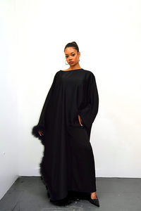 Satin Fur Trim Abaya Co ord Set