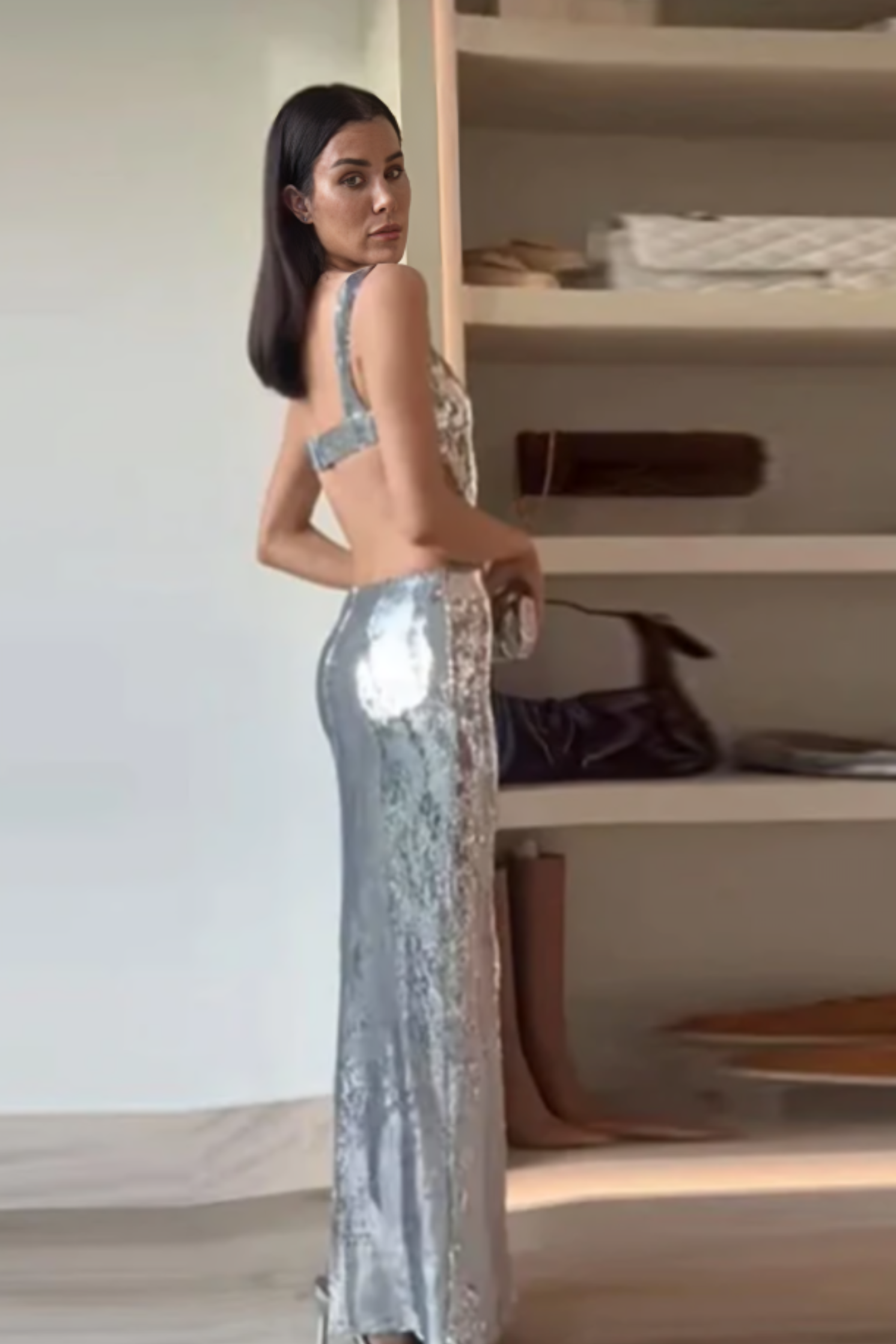 Silver Strappy Sequin Backless Maxi Evening Dress