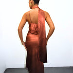 Brown Satin Ombre Asymmetrical Tie Neck Slip Dress