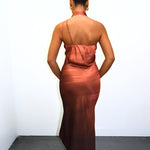 Brown Satin Ombre Asymmetrical Tie Neck Slip Dress