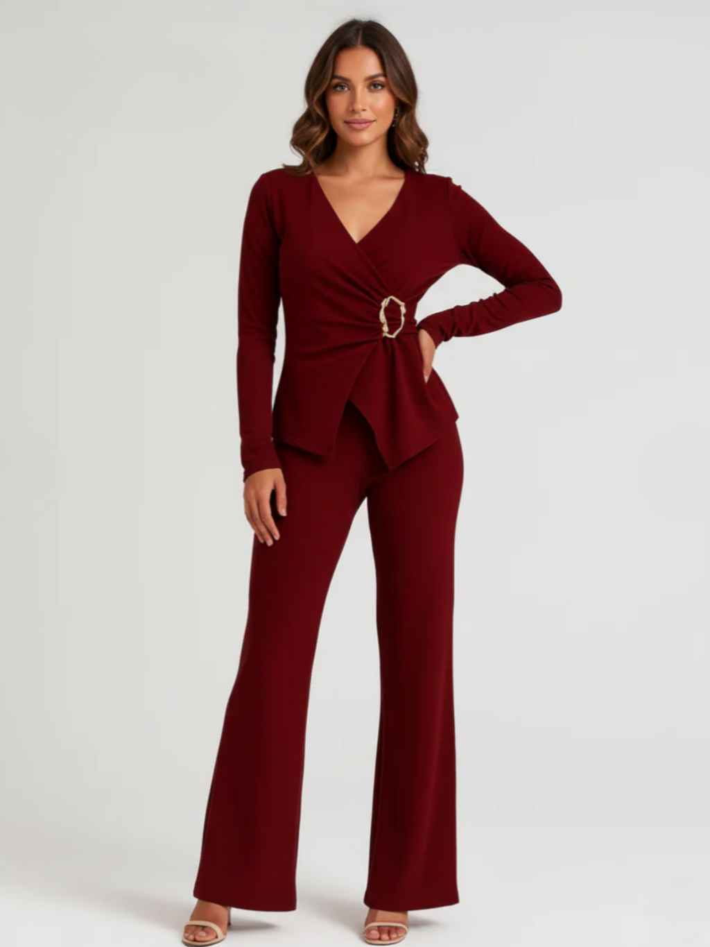 Women’s V-Neck Wrap Top & Wide Leg Trouser Co-Ord Set with Gold Button Detail