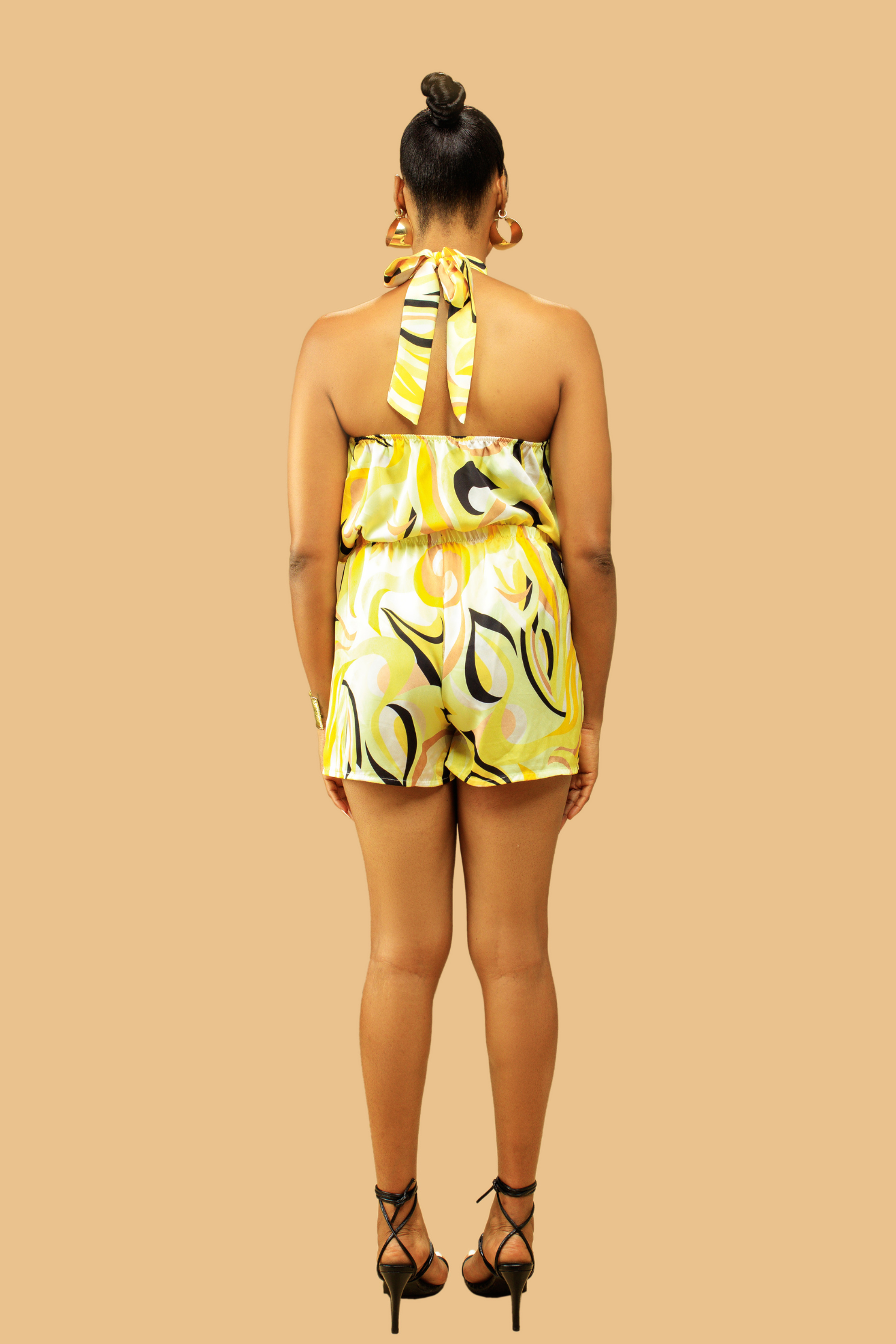 Yellow Satin Printed Halter Neck Top & Shorts Co-ord Set