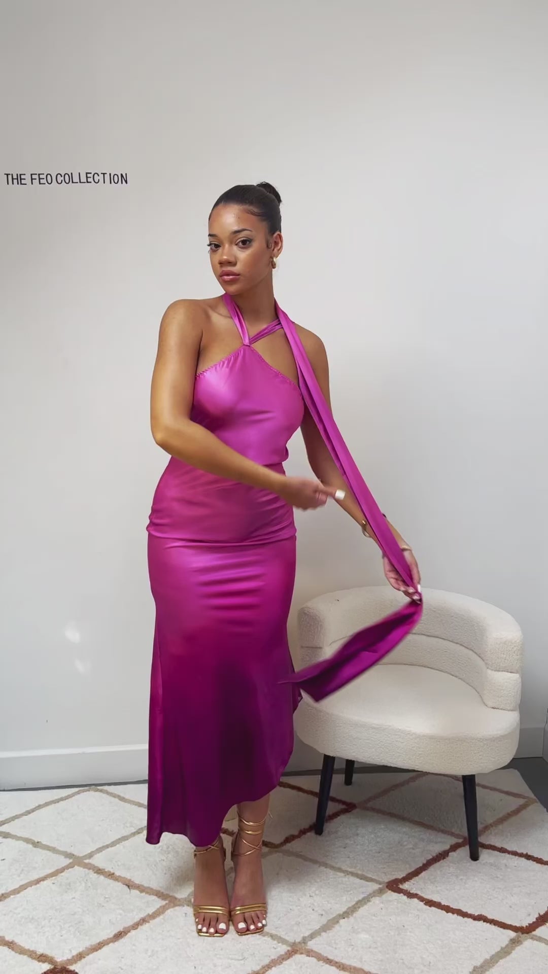 Pink Satin Ombre Asymmetrical Tie Neck Slip Midi Dress