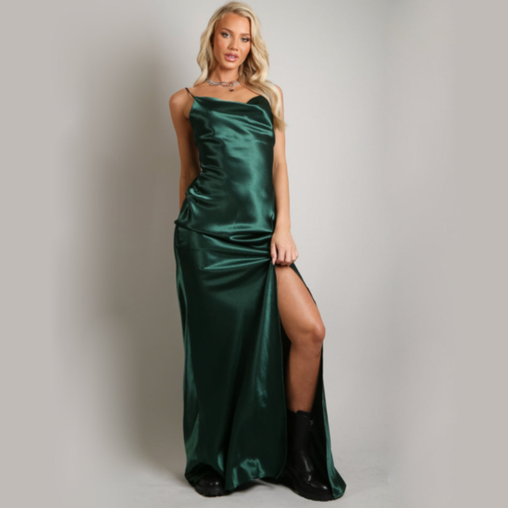 Green Satin Cowl Neck High Slit Evening Maxi Dress