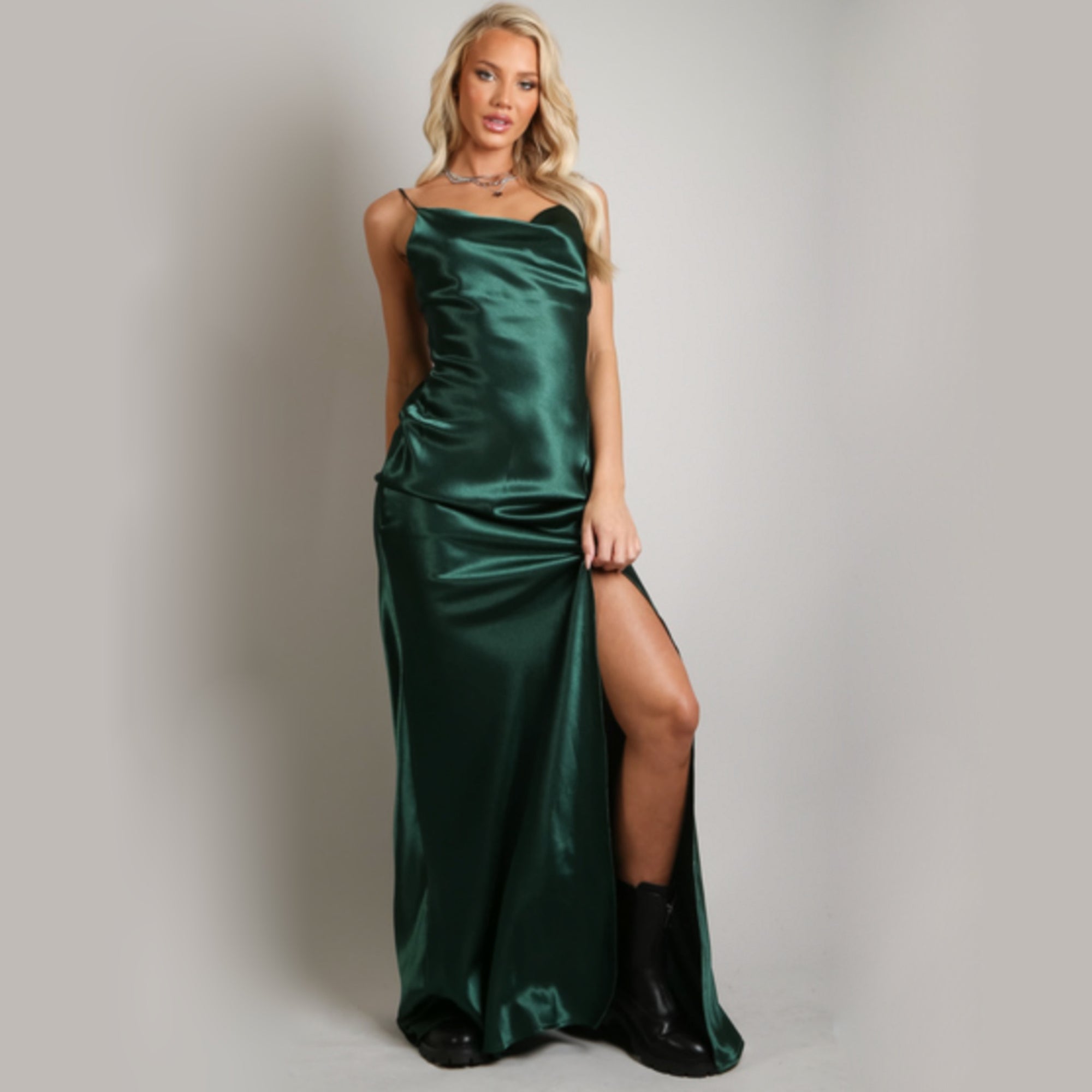 Green Satin Cowl Neck High Slit Evening Maxi Dress