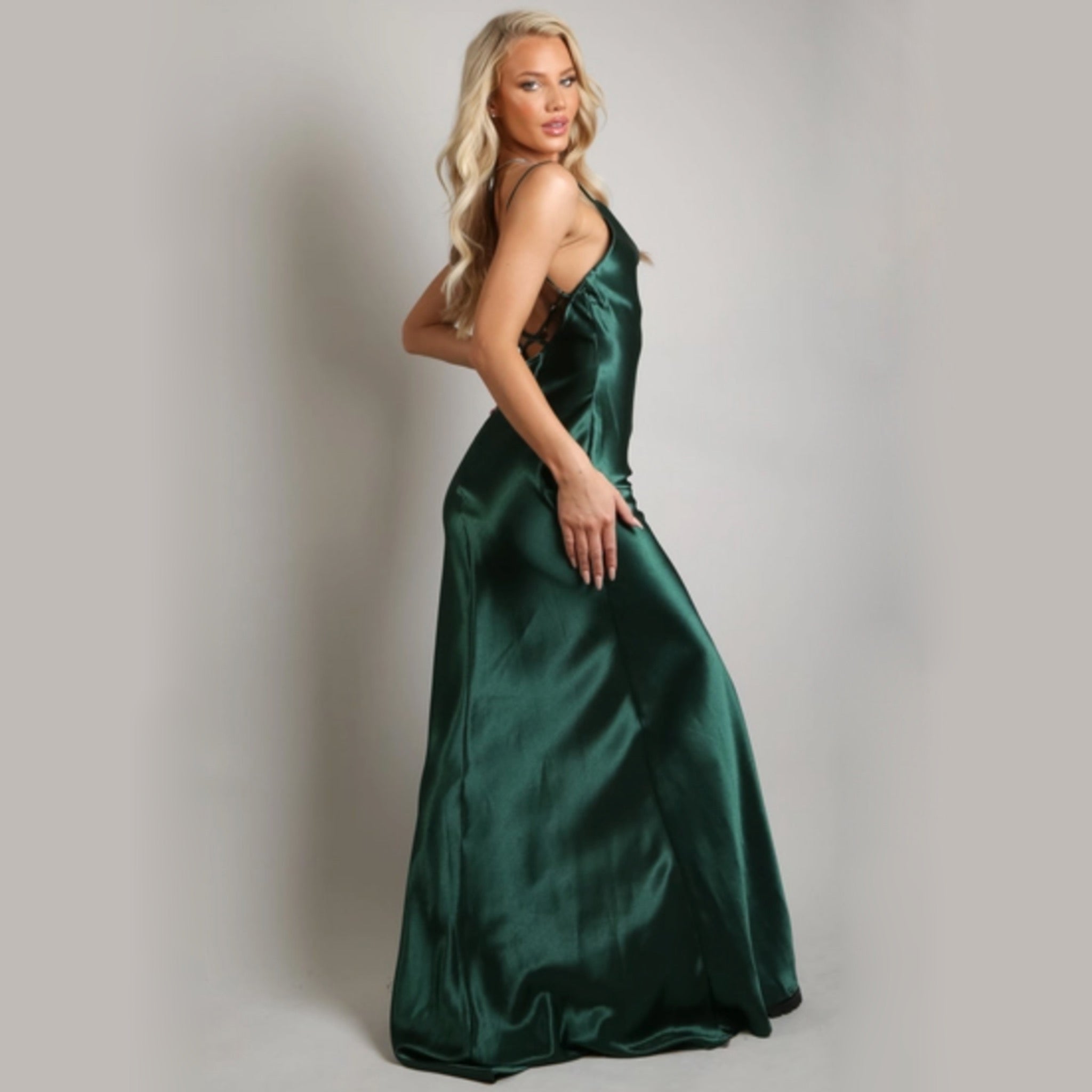 Green Satin Cowl Neck High Slit Evening Maxi Dress