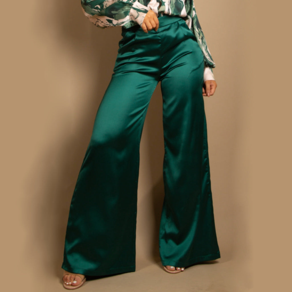Green Wide Leg Satin Trousers