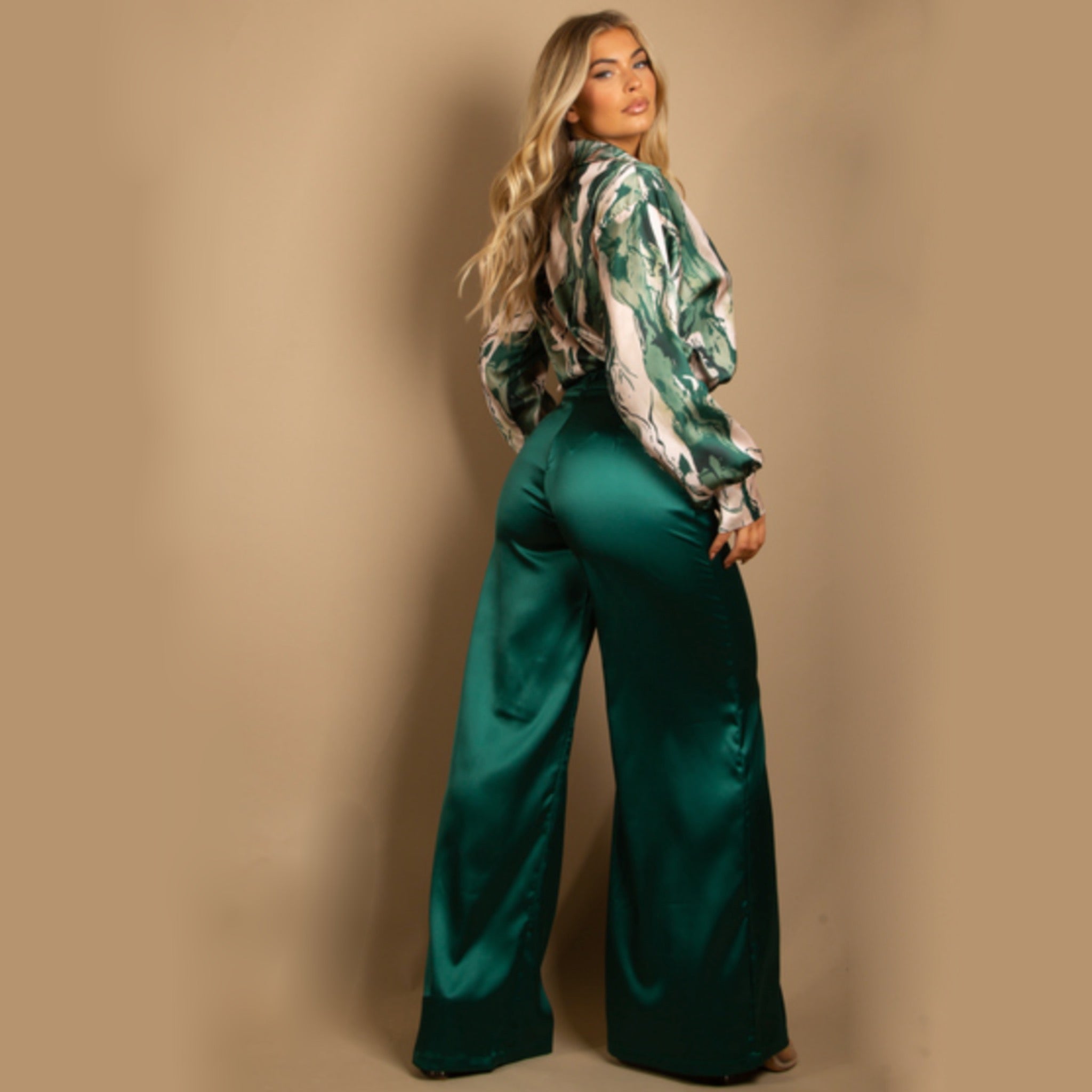 Green Wide Leg Satin Trousers