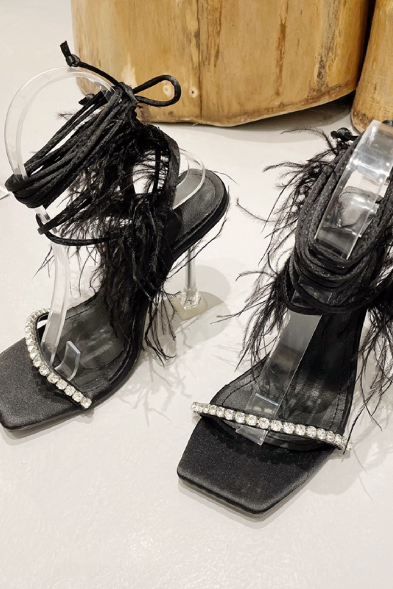 Square Toe Rhinestone Feather Lace Up Heels