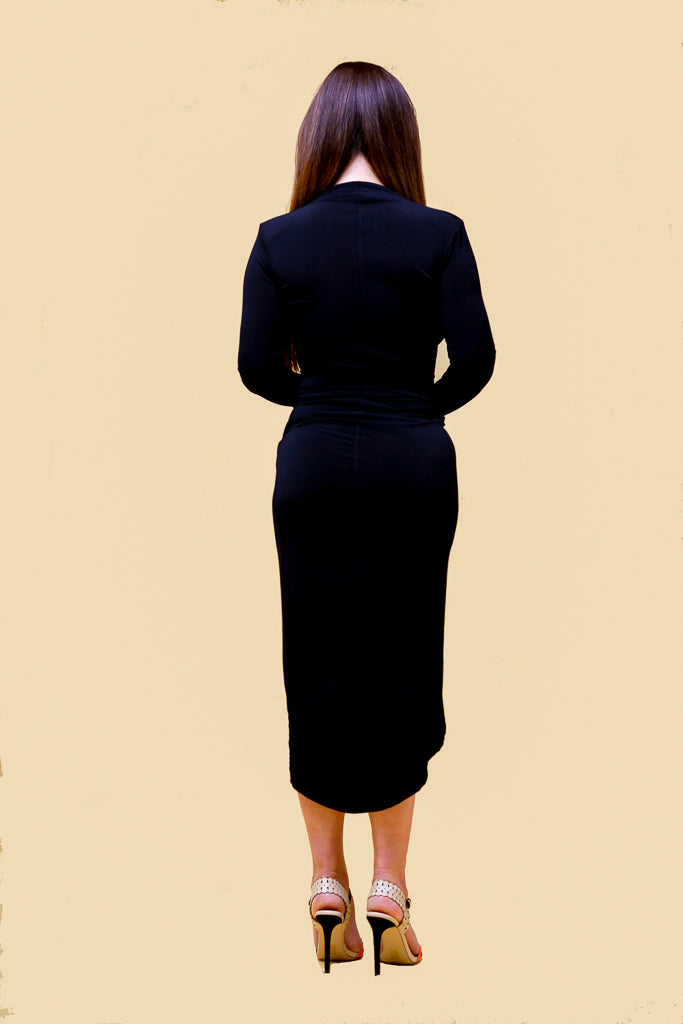 Black Deep Plunge V Neck Ruched Long Sleeve Midi Dress