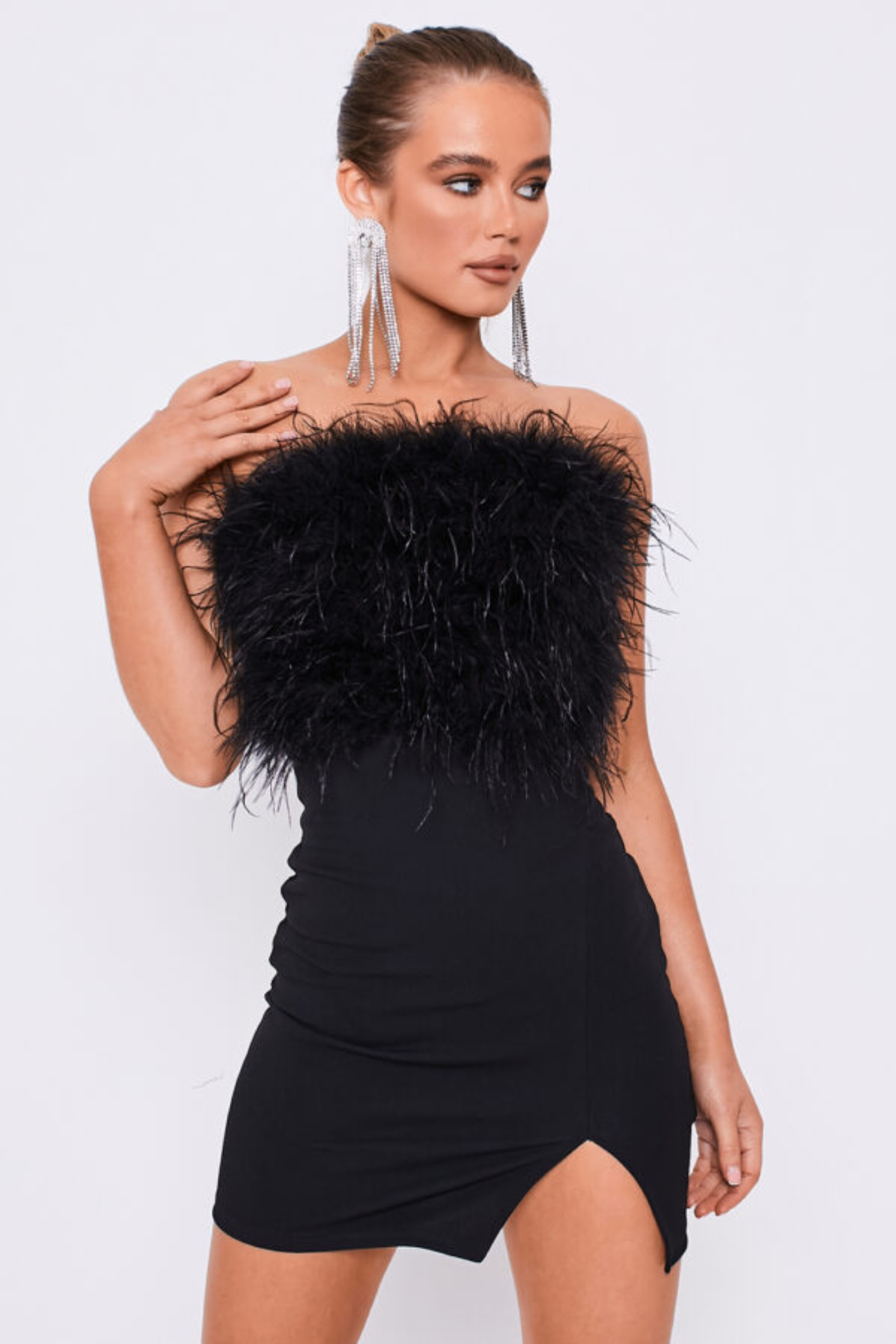 Black Feather Strapless Bodycon Slit Dress The FEO Collection
