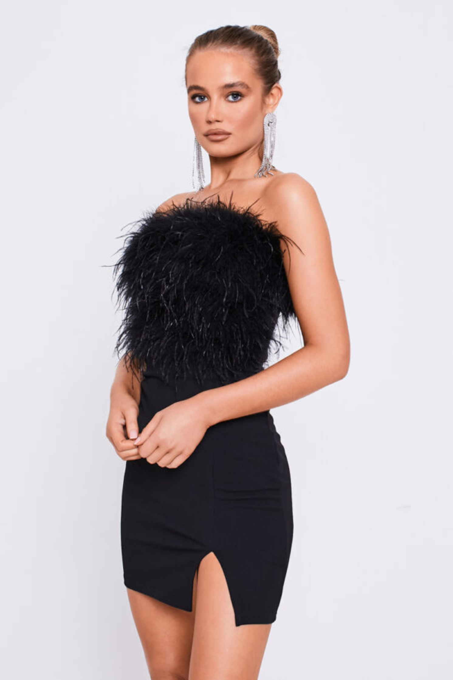 Black Feather Strapless Bodycon Slit Dress The FEO Collection
