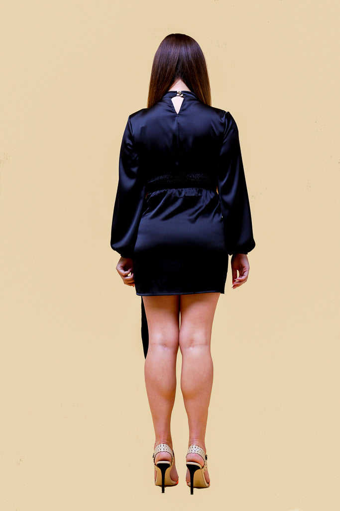 Black Satin Drape High Neck Dress