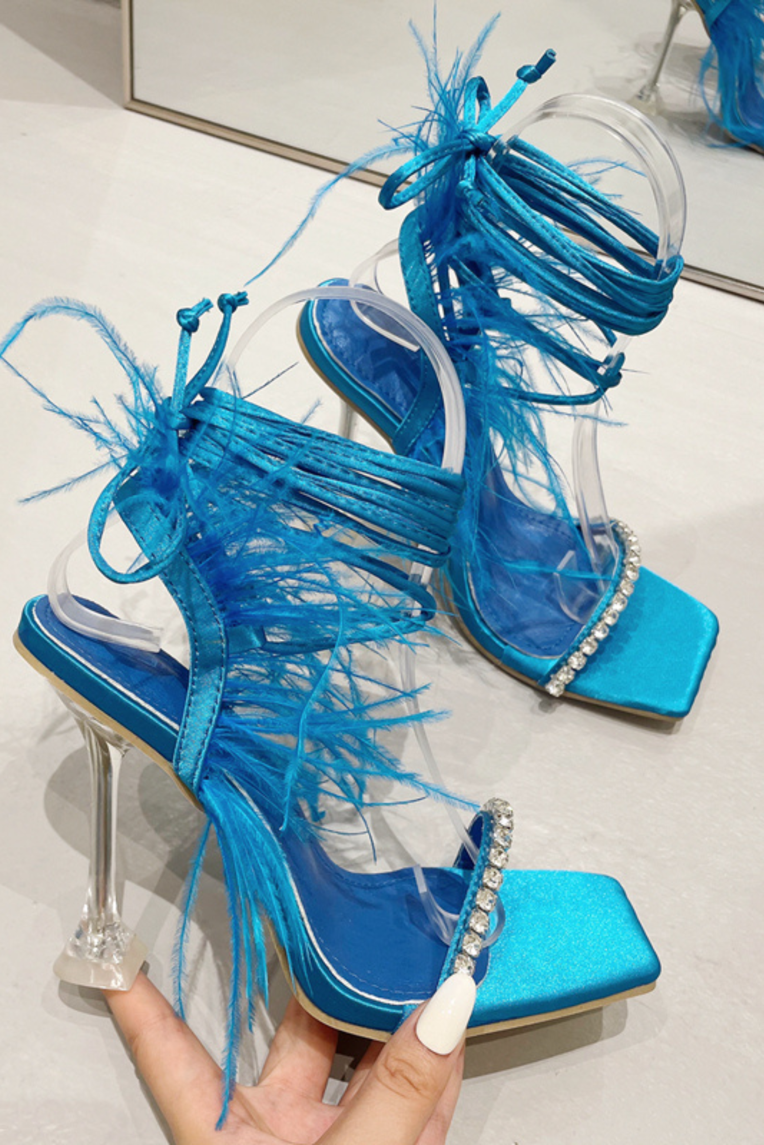 Square Toe Rhinestone Feather Lace Up Heels The FEO Collection