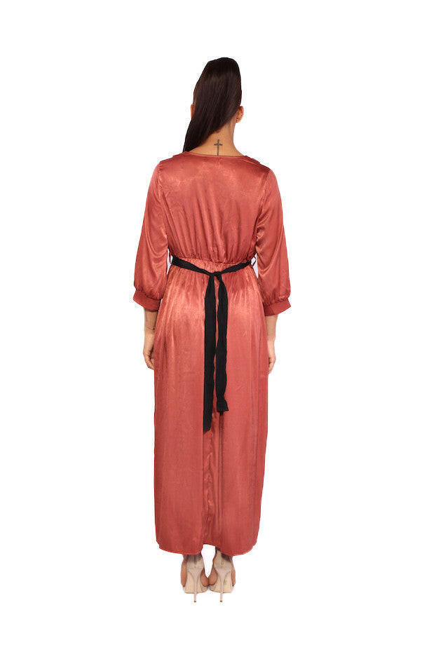 Satin Orange Tie Waist Long Sleeve Maxi Dress