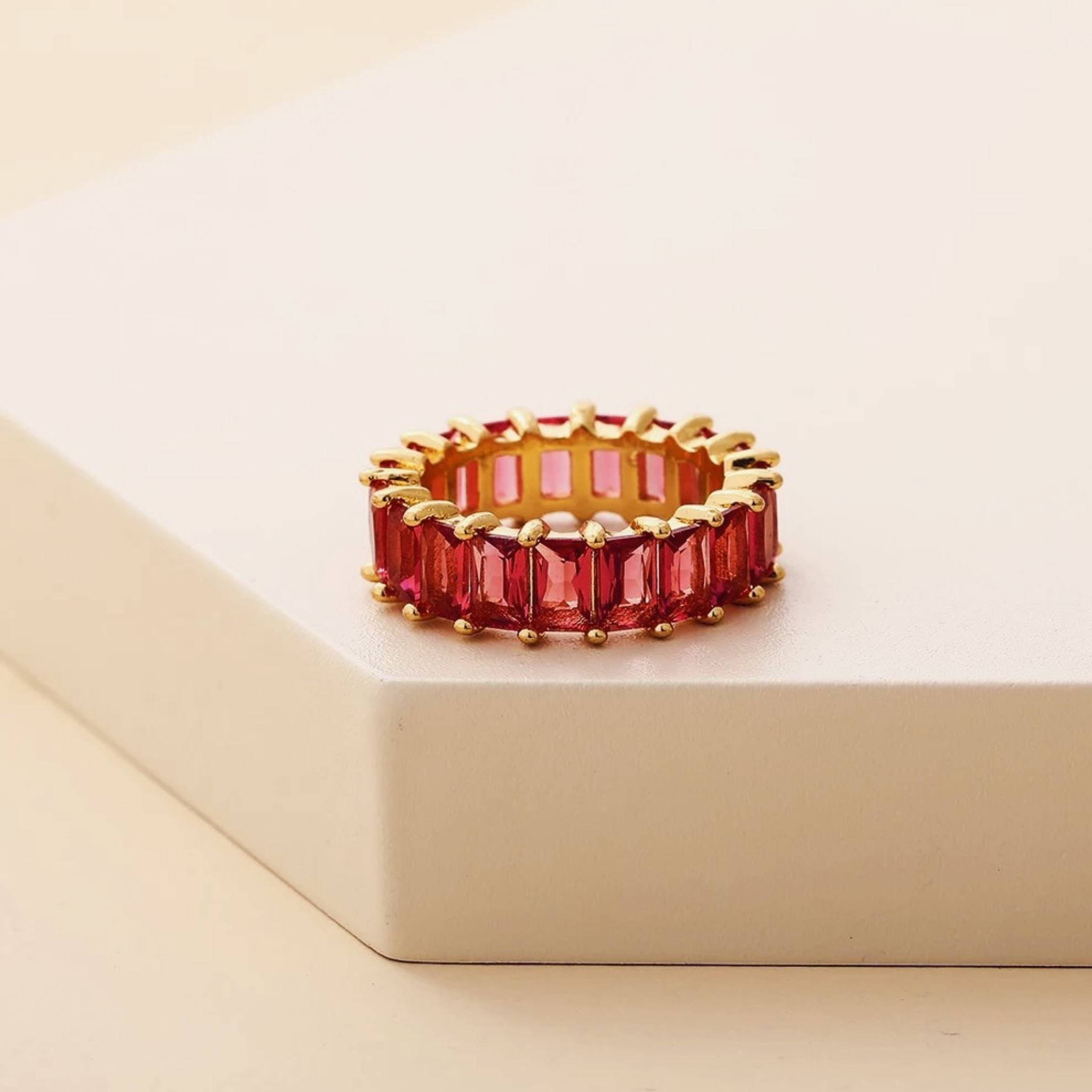 Gold Red Ruby Baguette Cut Stackable Ring