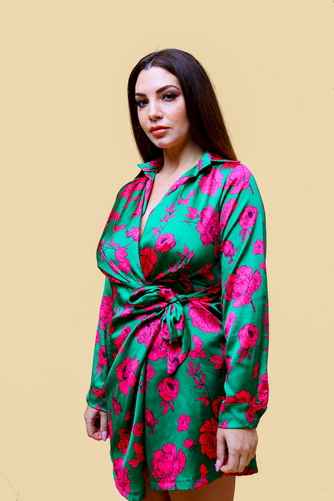 Green and Pink Floral Print Shirt Collar Wrap Dress