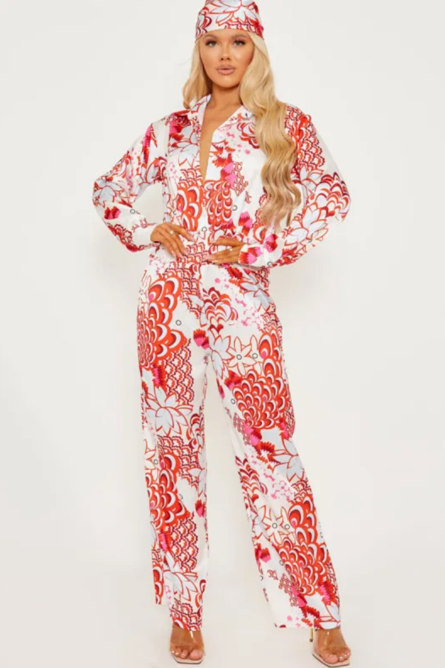 Red Satin Flower Print Wide Leg Jumpsuit